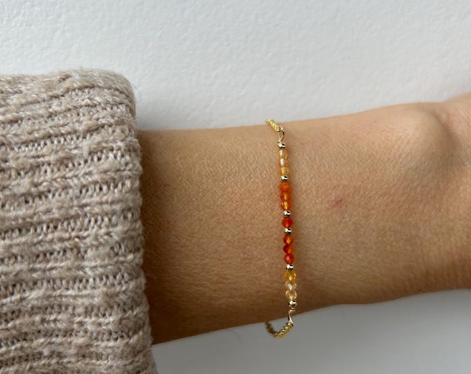 Carnelian Bracelet. Ombre Beaded orange Gemstone, Gold, silver, rose gold chain.