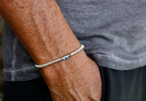 Mens evil eye bracelet. Mens beaded evil eye bracelet. Protection bracelet. Silver beads.
