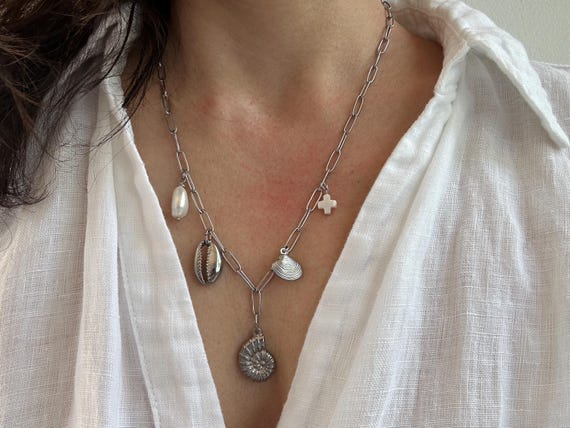 Multi charm statement necklace. Silver stainless steel paper clip necklace with charms. Stainless steel charm necklace. Beach theme.