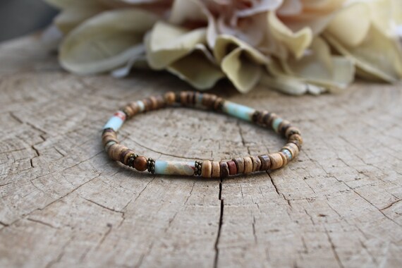 Sea sediment jasper bracelet. Coconut and jasper beaded bracelet. Wood bead stretch bracelet. 4/ 5mm beads.