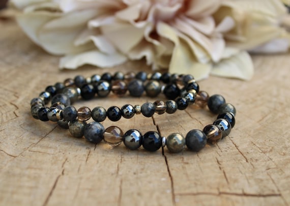 Empath protection bracelet for men. Black tourmaline, hematite, smoky quartz,  larvikite (black moonstone) and pyrite. 6mm beads.