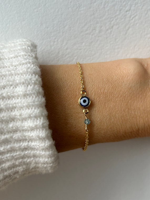 Evil eye and birthstone bracelet - Gold filled evil eye bracelet. Birthstone bracelet. Evil eye and gemstone bracelet.