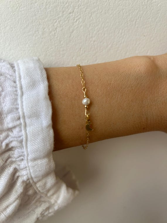 Dainty pearl and moon bracelet. Tiny pearl bracelet with crescent moon charm. 14k gold filled pearl bracelet.  Bridal jewelry.