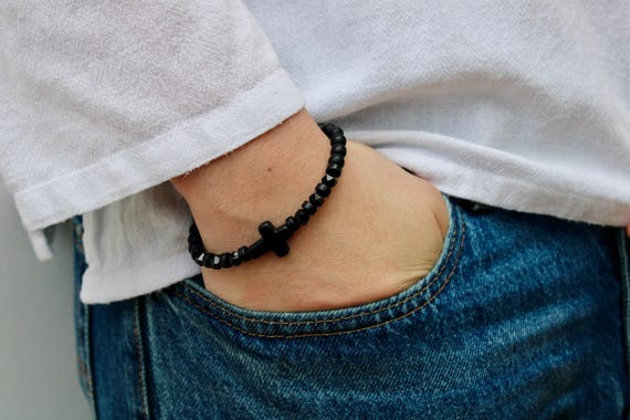 Mens sideways cross bracelet. Black beaded cross bracelet. Black Stone cross bracelet. Beaded bracelet. Gift for him.