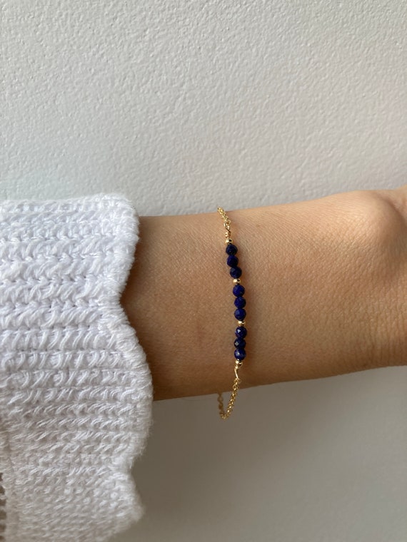 Dainty lapis lazuli bracelet. Beaded lapis lazuli chain bracelet. Wisdom, intuition. Gold filled/sterling silver bracelet.