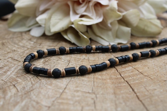 Mens necklace. Mens beaded necklace. Surfer style necklace. Mens lava rock necklace. Black beaded necklace. Mens wood bead necklace.