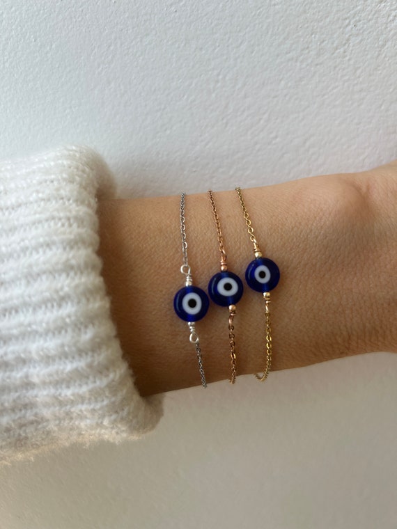 Blue evil eye bracelet. Simple evil eye bracelet.  Greek mati bracelet.  Protection bracelet. Gold, silver, rose gold