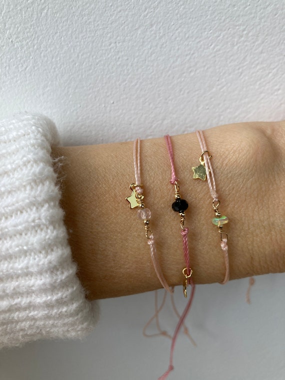 Gemstone and charm cord bracelet. Birthstone cord bracelet. Friendship bracelet. Moon, star, heart charm.