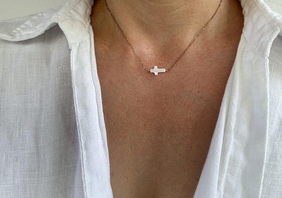 Sideways cross necklace. Horizontal cross.  Mother of pearl cross choker. Gold, silver, rose gold chain.