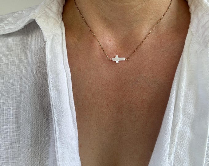 Sideways cross necklace. Horizontal cross.  Mother of pearl cross choker. Gold, silver, rose gold chain.