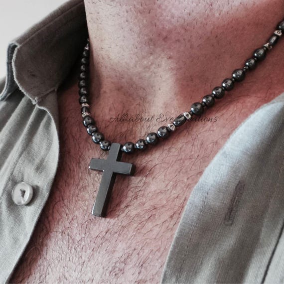 Hematite beaded  cross necklace. Mens beaded stone cross necklace. 6mm beads.
