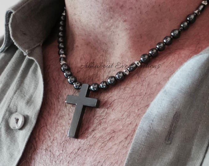 Hematite beaded  cross necklace. Mens beaded stone cross necklace. 6mm beads.