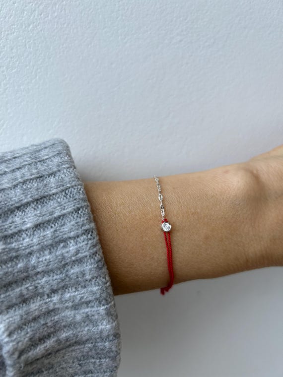 Solitaire Diamond Bracelet, Red String Bracelet, Kabbalah Bracelet. Sterling silver.