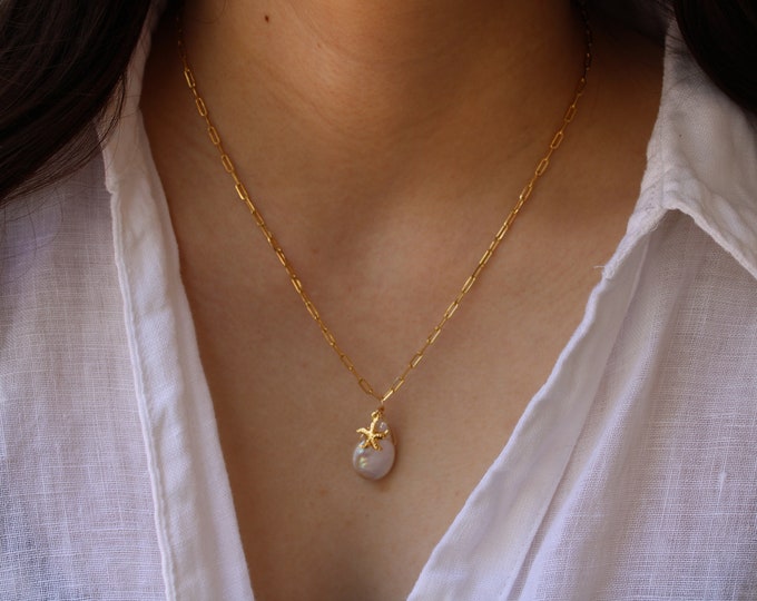 Keshi Pearl Necklace: Gold Filled Paperclip Chain, Starfish Charm
