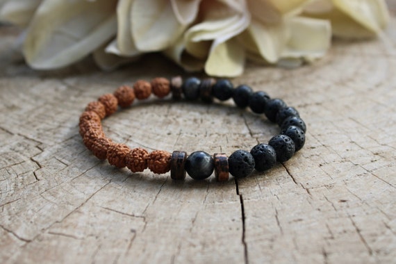 Rudraksha, lava rock and larvikite mala bracelet. Sacred rudraksha bracelet. Protection, grounding, stress relieving. Beaded bracelet men.