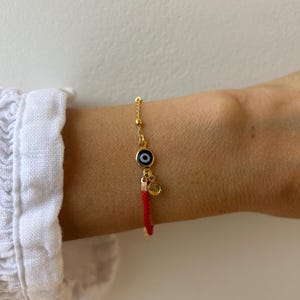 Red String Evil Eye Protection Bracelet, Gold Filled Charm, Adjustable Cord Jewelry image 2