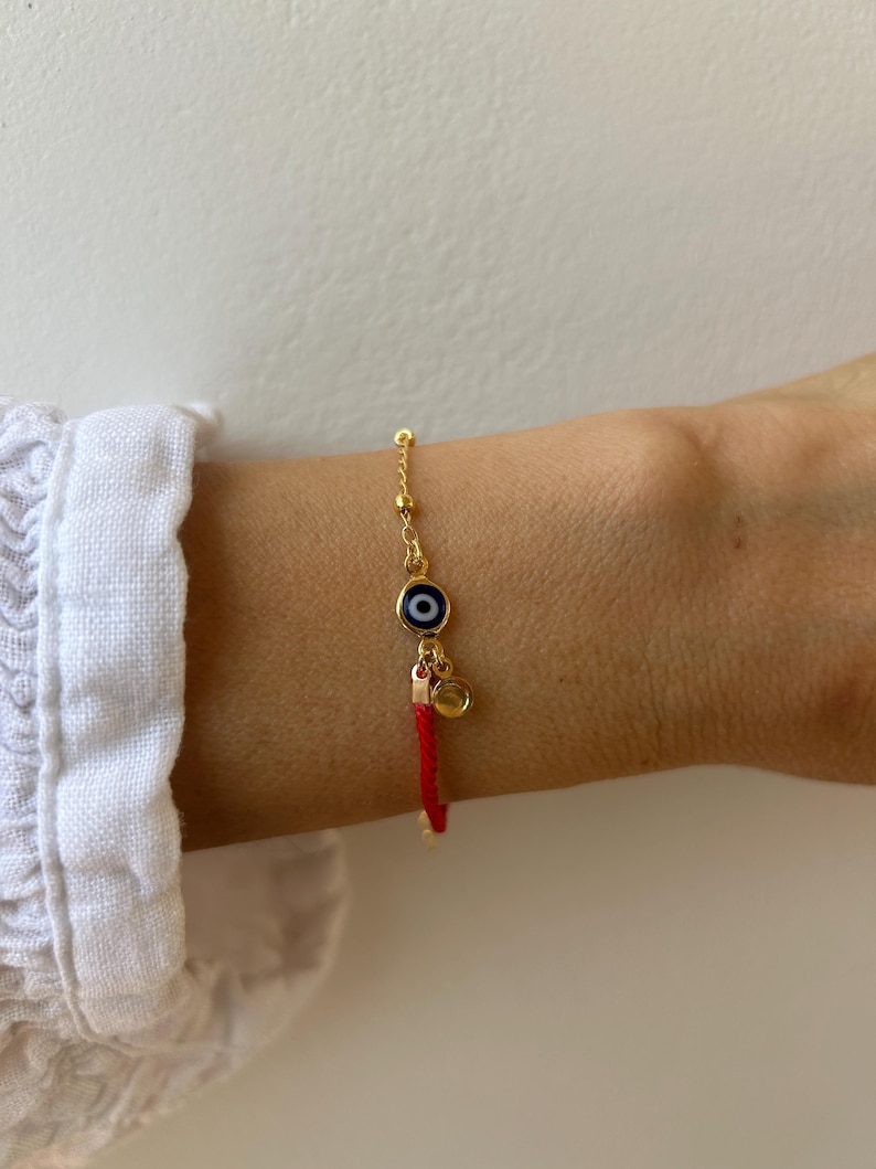Red String Evil Eye Protection Bracelet, Gold Filled Charm, Adjustable Cord Jewelry image 2