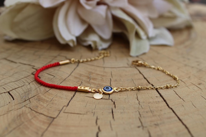 Red String Evil Eye Protection Bracelet, Gold Filled Charm, Adjustable Cord Jewelry image 17
