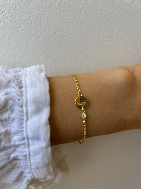 Personalised initial disc bracelet  with cubic zirconia. Gold filled initial disc bracelet.