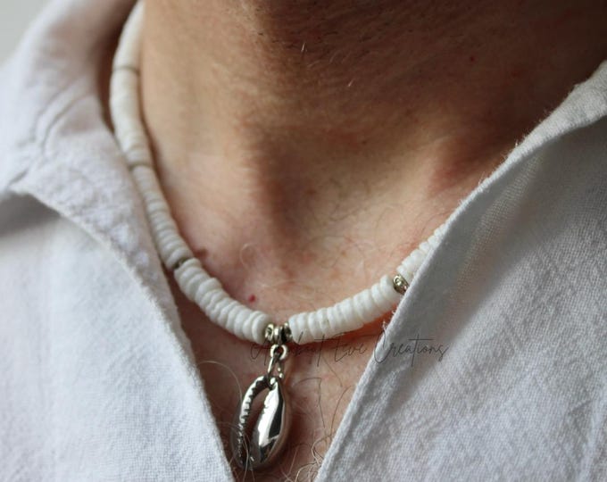 Mens white puka shell heishi necklace.  Stainless Steel cowrie necklace. Surfer necklace. Waterproof.