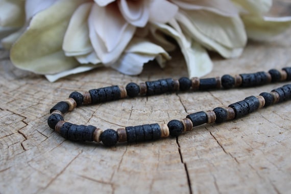 Mens lava rock necklace. Lava rock heishi necklace. Black beaded necklace. Lava and coconut surfer style necklace.