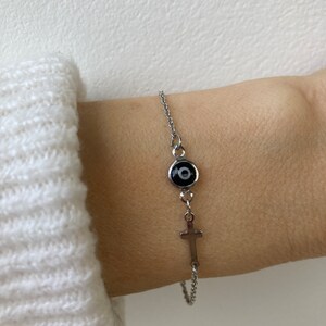 Evil eye and cross bracelet. Evil eye bracelet. Sideways cross bracelet. Greek mati and cross bracelet. Protection. Silver chain image 8