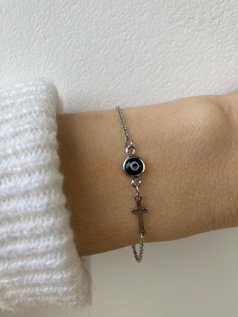 Evil eye and cross bracelet. Evil eye bracelet. Sideways cross bracelet. Greek mati and cross bracelet. Protection. Silver chain image 8