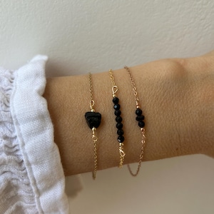 Black tourmaline bead bar bracelet. Dainty tourmaline bracelet.  October birthstone. Empath protection.