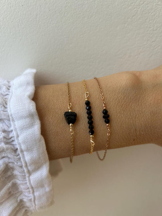 Black tourmaline bead bar bracelet. Dainty tourmaline bracelet.  October birthstone. Empath protection.