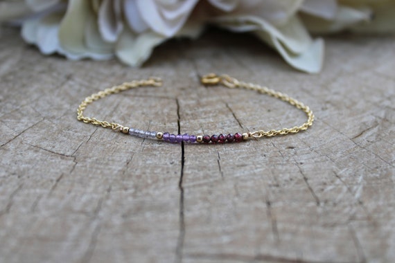 Iolite, amethyst and garnet bracelet. Crystal healing bracelet. Gemstone bar bracelet.  Gold filled/sterling silver