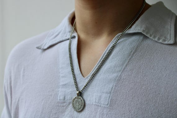 Mens coin necklace. Medallion necklace for men. Mens necklace. Mayan sun disc necklace. Mens disc necklace.Stainless steel chain necklace.
