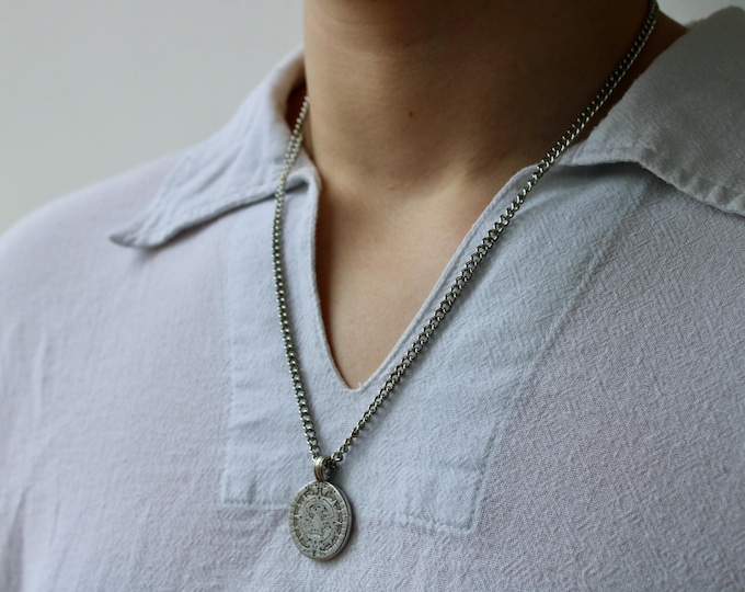 Mens coin necklace. Medallion necklace for men. Mens necklace. Mayan sun disc necklace. Mens disc necklace.Stainless steel chain necklace.