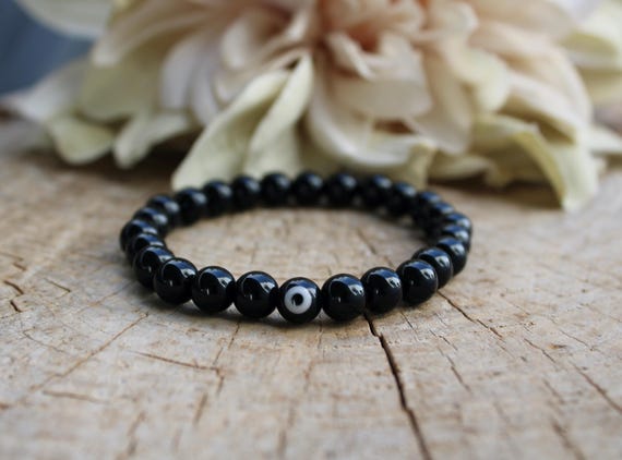 Mens Black Onyx Bracelet with Evil Eye - Grounding Protection. 8mm beads