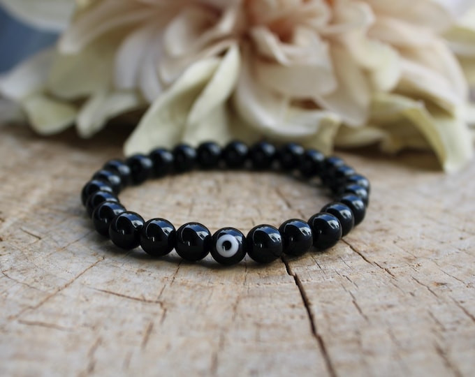 Mens Black Onyx Bracelet with Evil Eye - Grounding Protection. 8mm beads