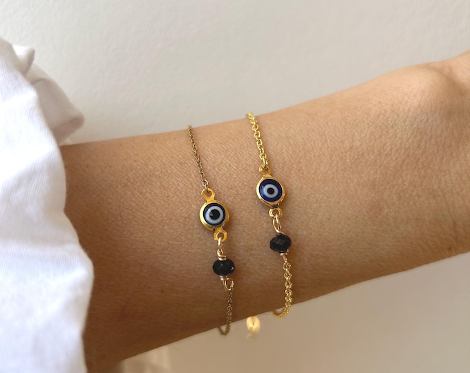 Gold Filled Evil Eye Bracelet, Black Tourmaline Protection Chain. Stainless steel option
