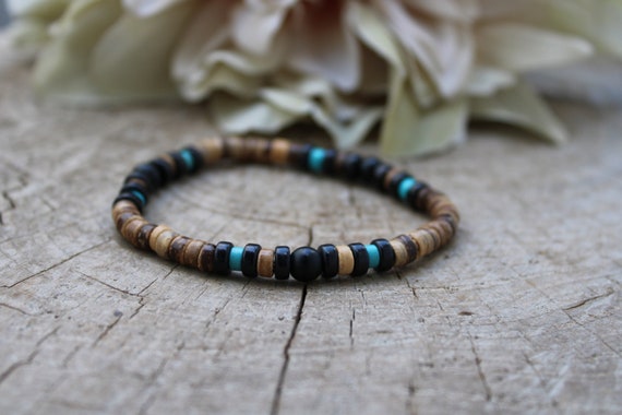 Mens turquoise bracelet. Mens beaded bracelet. Surfer style bracelet.Mens bracelet.  Turquoise, black stone bracelet and coconut bracelet.