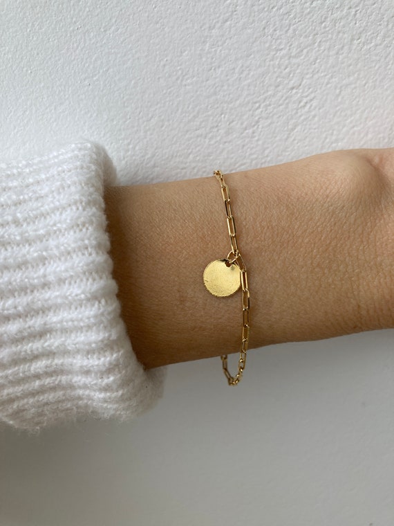 Gold filled elongated chain bracelet. Gold filled paper clip chain with disc.  Personalised disc bracelet.