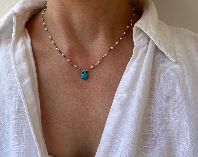Dainty Turquoise Teardrop Necklace, Beach necklace. December birthstone.