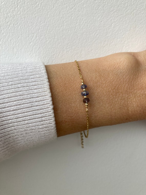 Tanzanite, kyanite, iolite  bracelet. Blue gemstone bracelet. Something blue. Calming and balancing. Gold, silver, rose gold chain.