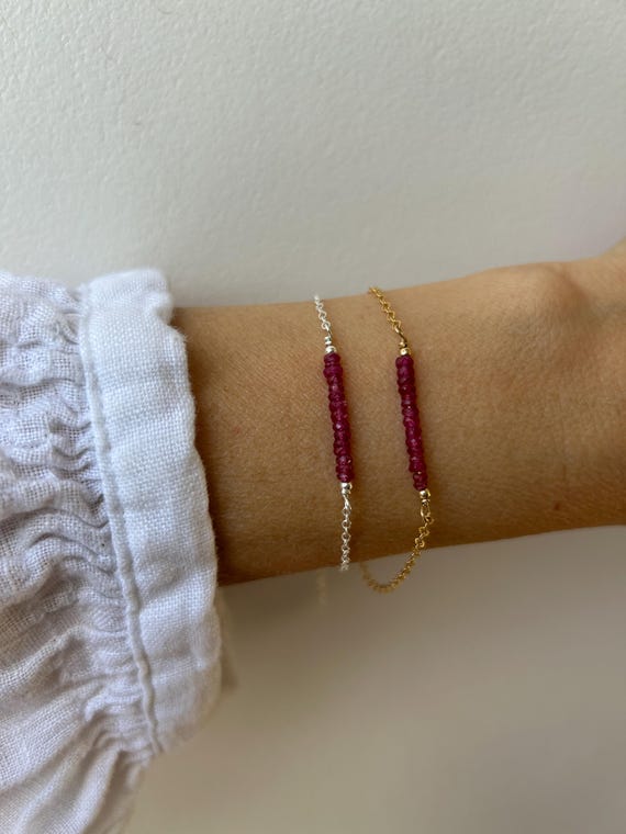 Ruby bracelet.  Gold filled/sterling silver ruby bracelet. Dainty beaded ruby bracelet. July birthstone bracelet.