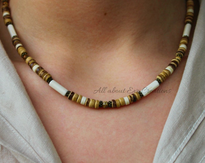 Mens beaded  wood bead necklace. Surfer style necklace. Mens coconut necklace.