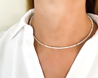 Tiny white pearl necklace, small pearls beaded necklace, white pearl collar, Fresh water pearl necklace