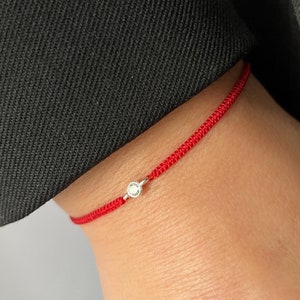 Red silk string macramé bracelet with zircon gold bead,  Gold CZ silk string bracelet, Delicate macramé bracelet