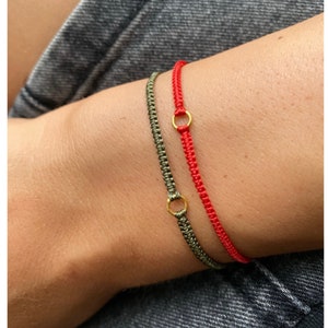 Macrame Karma Bracelet: Red Silk String, Gold Ring, Minimalist Wish Bracelet