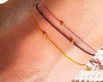 Solid gold silk string bracelet, beads on silk bracelet, red string Bracelet for woman or man, friendship bracelet gift, Gift for friend