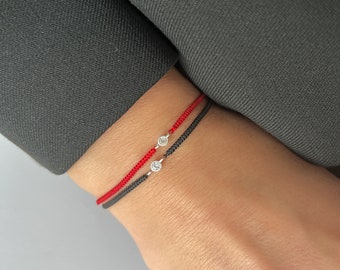 Red silk string macramé bracelet with zircon gold bead,  Gold CZ silk string bracelet, Delicate macramé bracelet