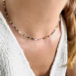 Multi Tourmaline Necklace| Freshwater Pearl Necklace| Minimalist tourmaline choker| Necklaces For Women | October birthstone necklace