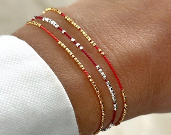 Bracelet fil de soie rouge vermeil or 24 carats, bracelet de protection et de souhaits, bracelet d'amitié, bracelet kabbale rouge