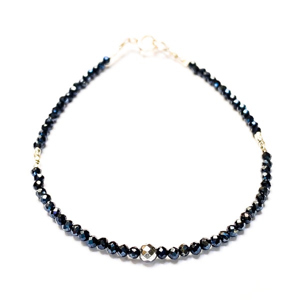 Delicate mystic blue spinel and sterling silver beaded bracelet
