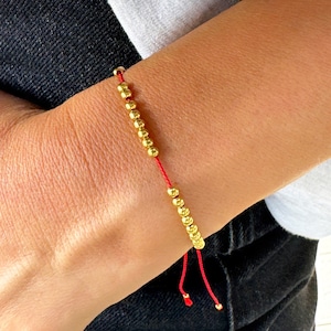 Gold Vermeil Bead Red Silk String Bracelet: Adjustable Friendship Jewelry
